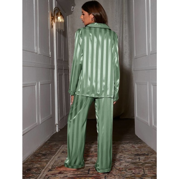 White 2 piece pajama set: Contrast Binding striped Satin pj Set - Picture 4 of 11